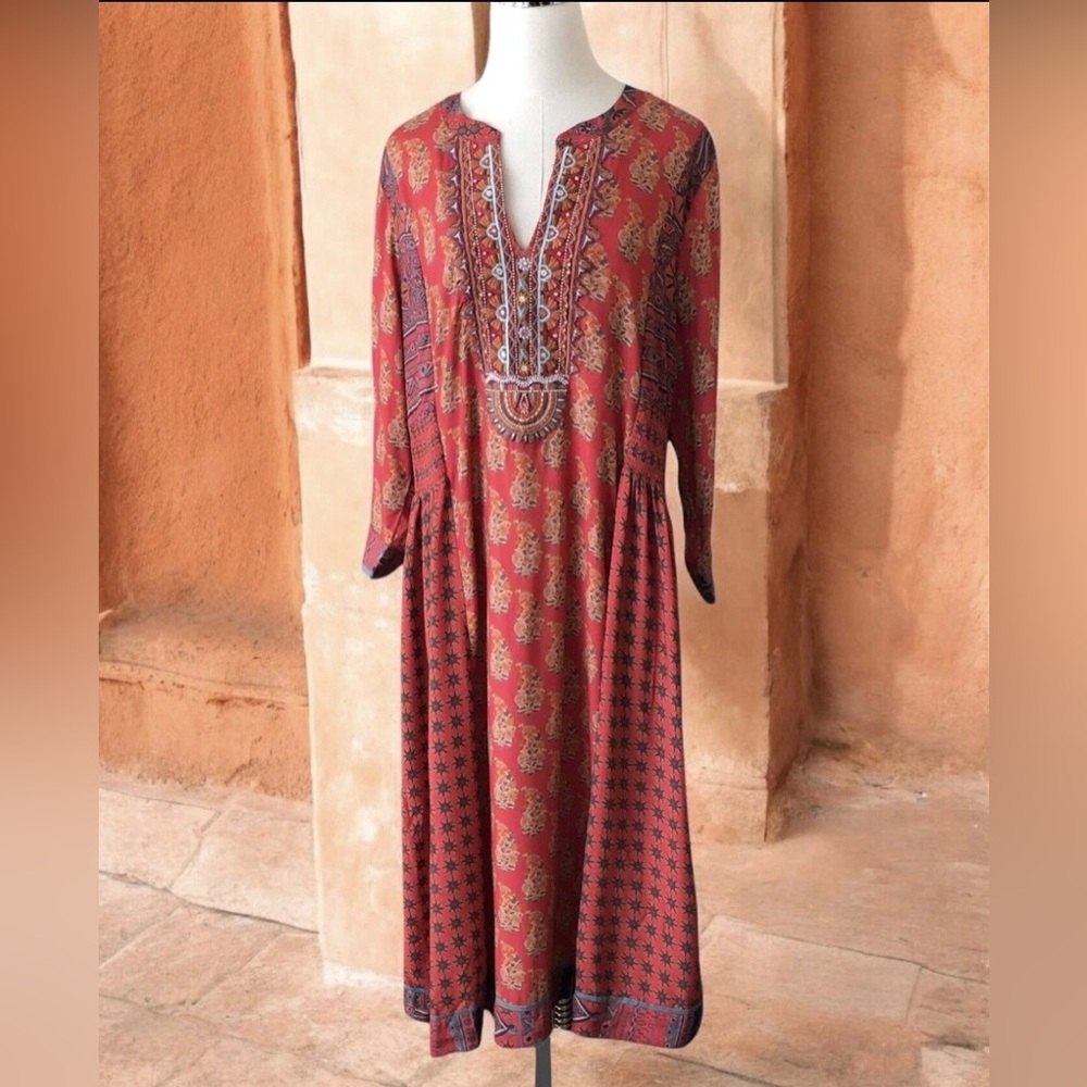 Soft Surroundings Bohemian Embroidered Block Print Phoenix Midi Dress Size L